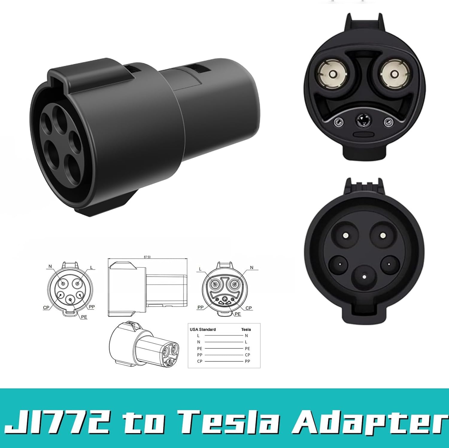 J1772 to Tesla Adapter for Easy Charging, 60A/240V AC, SAE J1772 Charger Adapter Compatible with Model 3/Y/S/X, Protective Shield & Portable Storage Pouch Included 