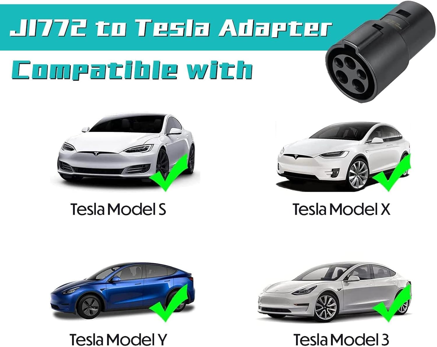 J1772 to Tesla Adapter for Easy Charging, 60A/240V AC, SAE J1772 Charger Adapter Compatible with Model 3/Y/S/X, Protective Shield & Portable Storage Pouch Included 
